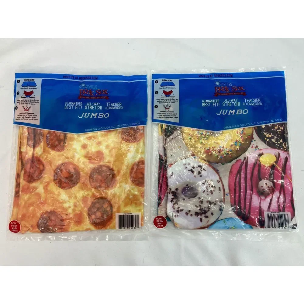 Lot of 2 Assorted Jumbo Book Sox Stretchable Fabric Book Covers Pizza Donuts VTG